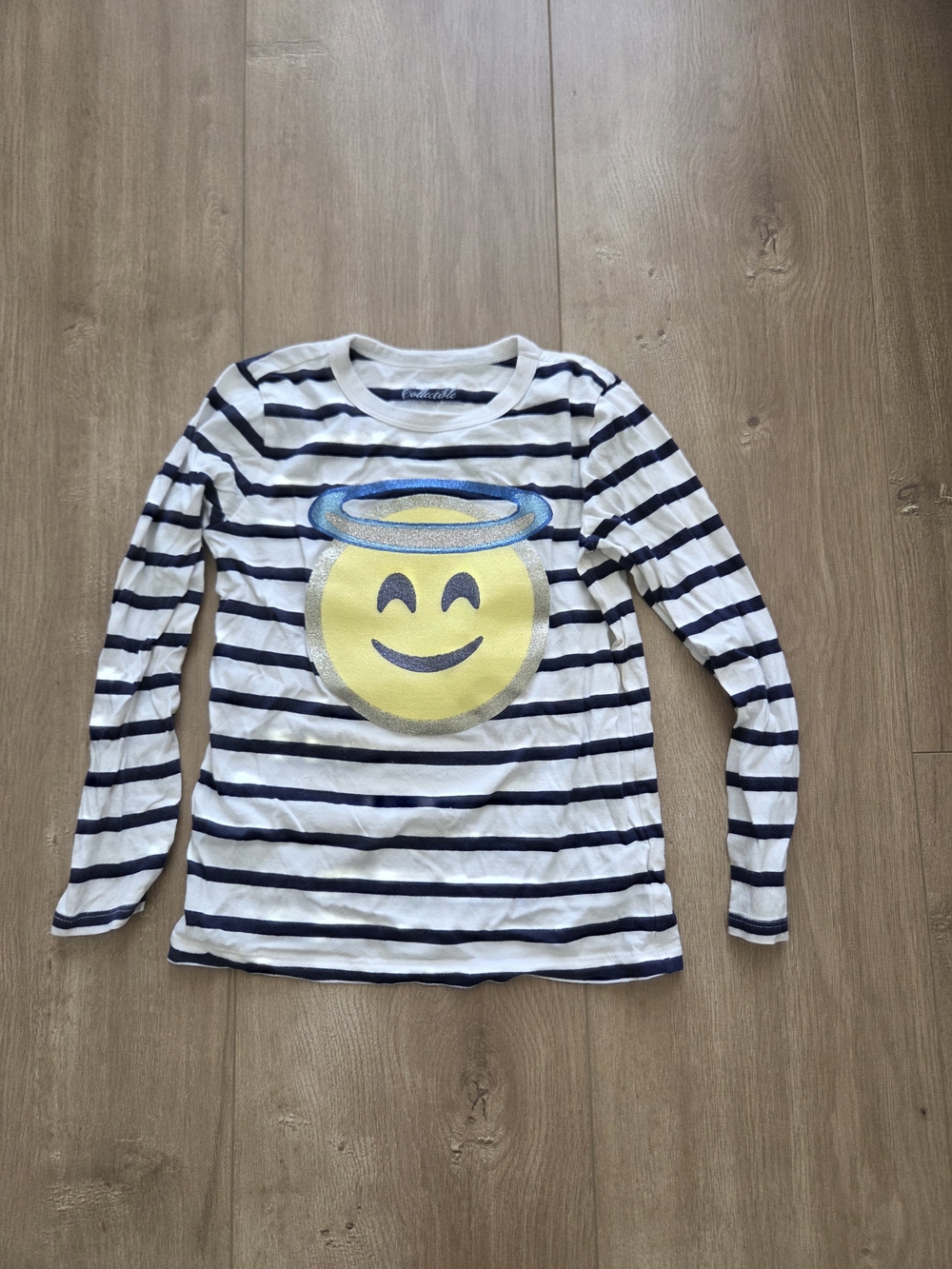 Crewcuts White & Navy Striped Long-Sleeve Tee with Yellow Emoji Halo